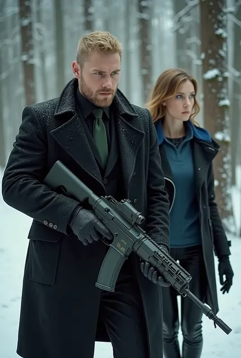 Chris Redfield wearing a black coat, black suit and black shirt with dark green tie, using a machine gun in a snowy forest accompanied by Jill Valentine dressed in a black coat with a blue collar sweater  