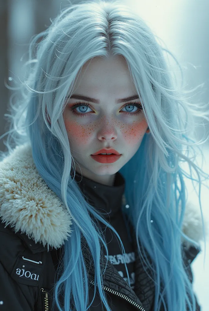 a woman with white hair mixed with blue, She has light blue eyes, the fleshy mouth , red cheeks and she wears a furry flight jacket with the name “Bjorn” 