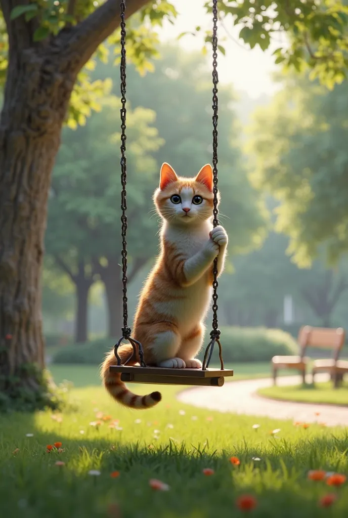 Make me a realistic image in 9:16 of a cat balancing on a swing in a park