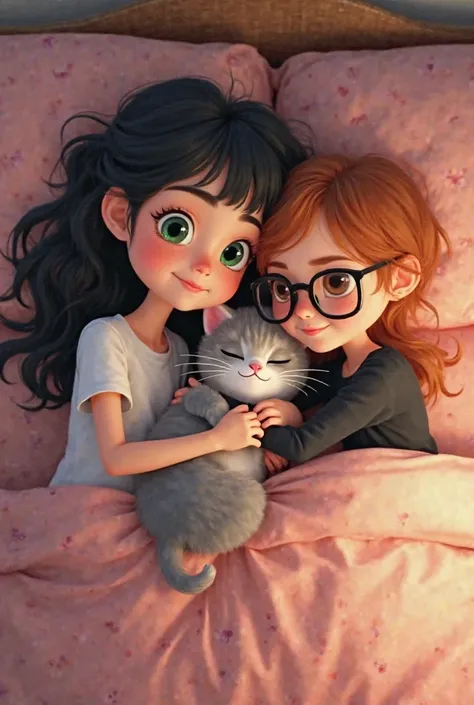 pixar type image, two girls in a bed with a kitten bb lying down and hugging, a girl with long black hair with curls, green eyes, slap and pink cheeks white skin with a white shirt short sleeve and a short black tights,  the other girl with short, copper-c...