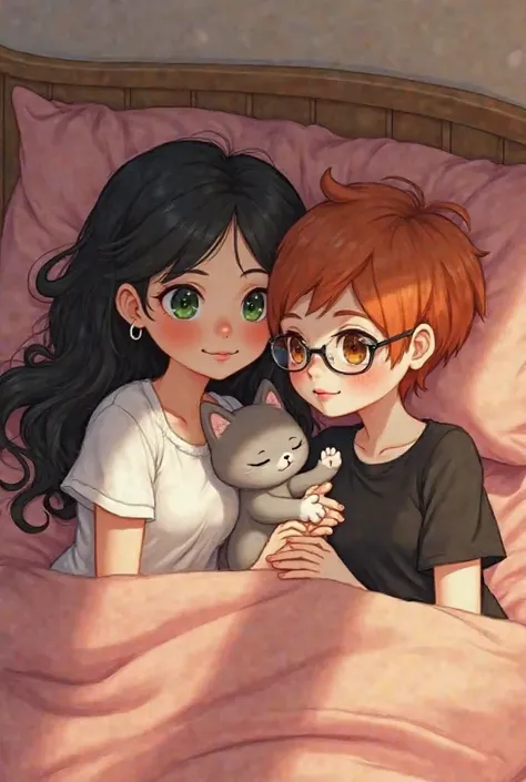 pixar type image, two girls in a bed with a kitten bb lying down and hugging, a girl with long black hair with curls, green eyes, slap and pink cheeks white skin with a white shirt short sleeve and a short black tights,  the other girl with short, copper-c...