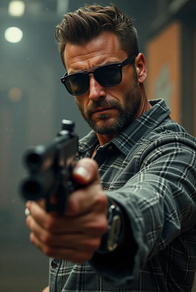 A handsome man with dark glasses , a gray flannel shirt and a firearm using an assault rifle 