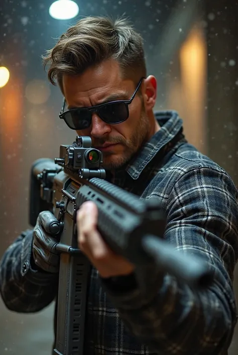 A handsome man with dark glasses , a gray flannel shirt and a firearm using an assault rifle 