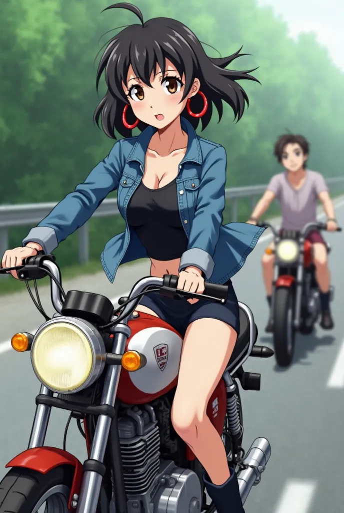 Hi, could you generate an anime style image. In it is a woman with medium black hair and spiky ends. She has brown eyes, wears red hoop earrings, and is wearing a black tank top, a short blue denim jacket over it, a short black mini skirt, white panties, a...