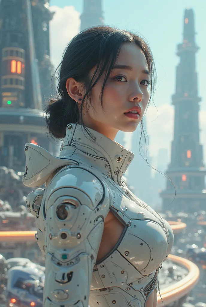 Sweet girl standing sideways to the camera. She is dressed futuristically. In the background is a futuristic fantasy city.