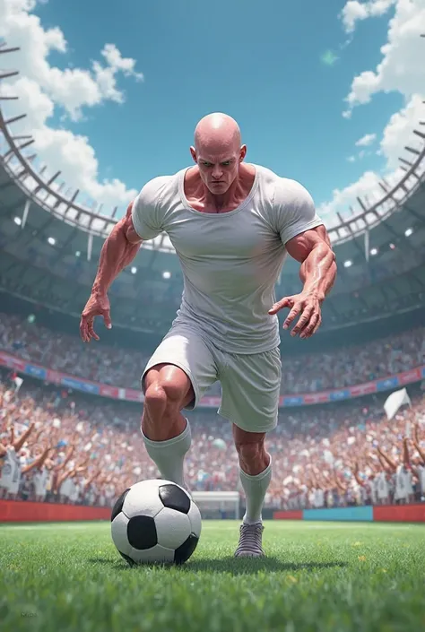 Casper humanoid playing soccer, in a stadium packed with fans with white flags, Jiren style from Dragon Ball Super, with white t-shirt and white shorts 