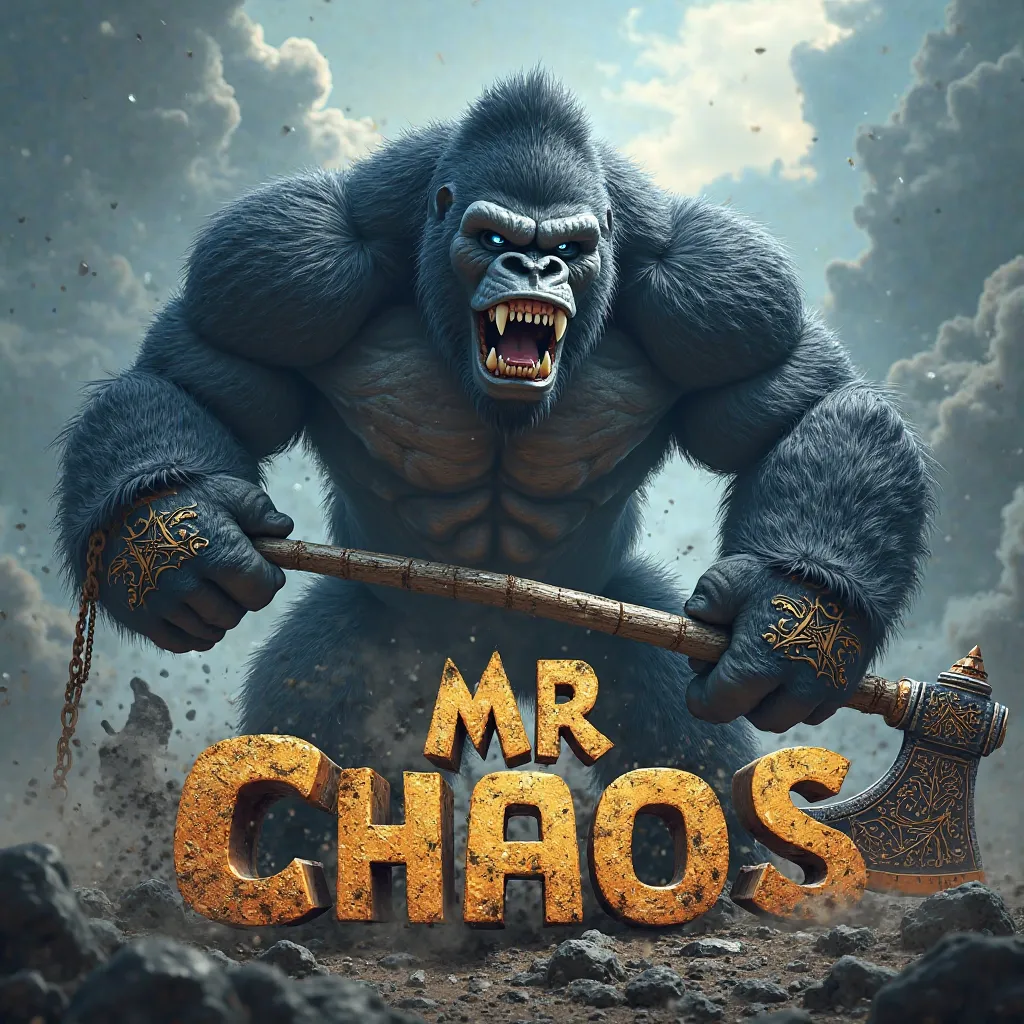 Ruthless gorilla with blue eyes and Viking style and using an imposing axe as a weapon, Also add a 3D "Mr Chaos"  in gold letters  