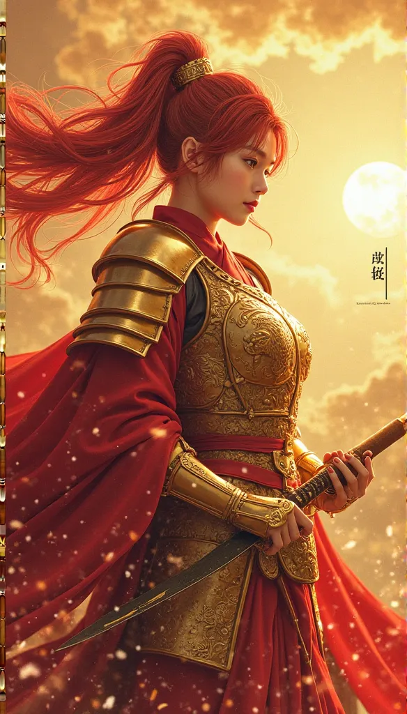     Japanese、ライオンをモチーフにしたgoldの鎧を着用々とした鳳凰の   Japanese女子高生が、   Phoenix, Who said 、 golden armor shining under the shining sun 、超リアルなgoldの炎の質感と複雑なディテールが施された燃える槍 ,  輝くgoldの炎の軌跡を残す  . His fiery hair flows wildly   , 、 his crimson cloak flips powerfully  .    my...