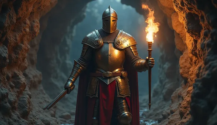 A medieval crusader knight with a helmet looking for a way out of a mine with a torch in his hand and with the other hand he is having a beak