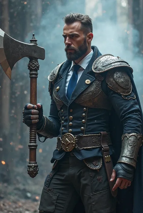    Handsome man  , tall and strong with a short beard ,  dressed in armor ,  dressed in a Victorian-style suit with blue tie underneath, brandishing a steel axe shrouded in white light in combat pose with his partner,  A tall , strong and armed man