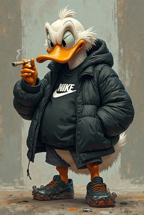 Create me an image of Scrooge McDuk wearing a black Nike camperon and steam sneakers, put a cigarette on him 