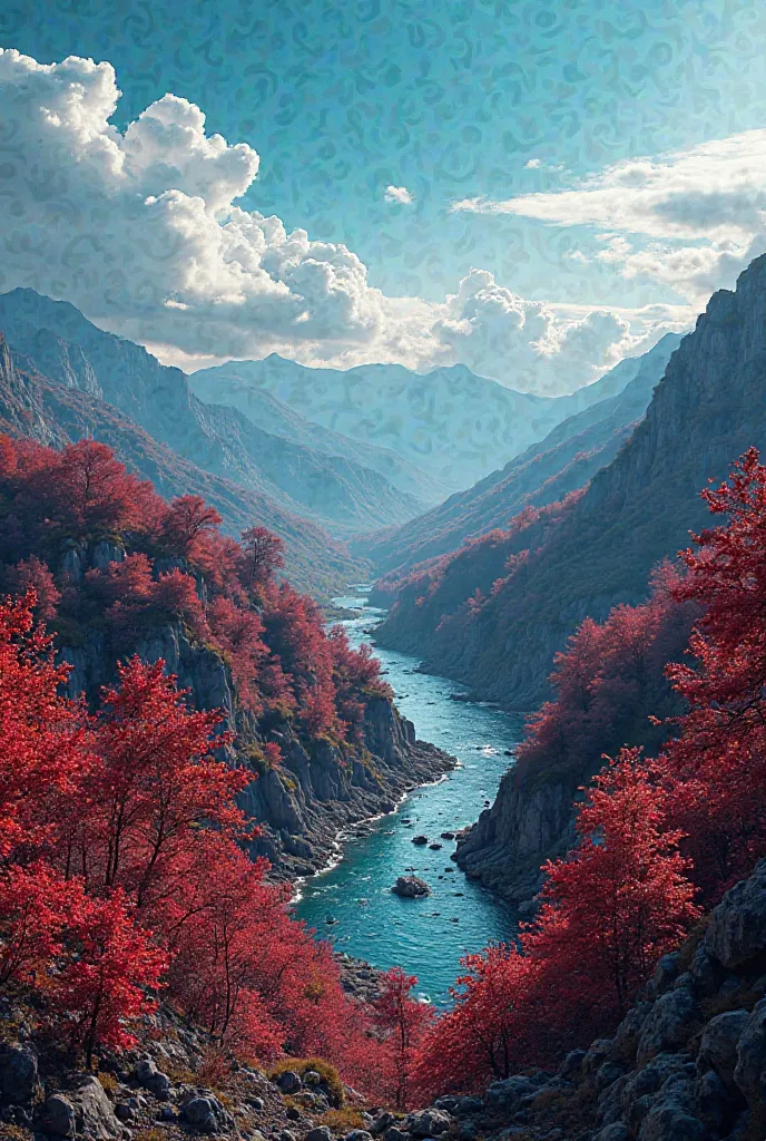 Landscape nature in black red green blue colors 