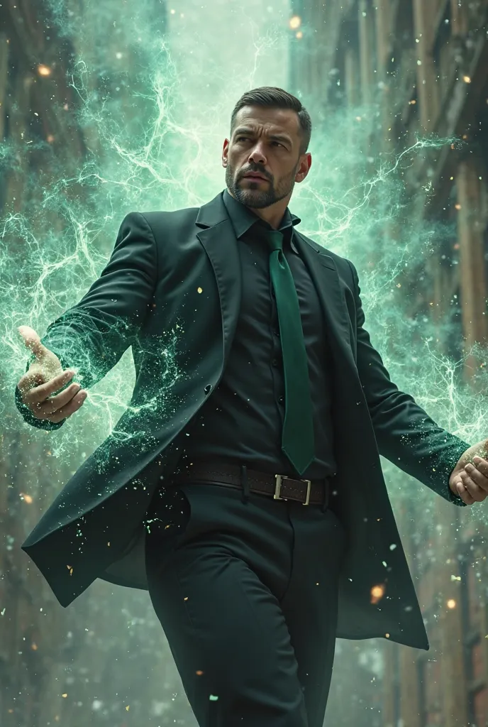 Tall and strong handsome white man with short hair and short beard wearing a black suit with a black shirt and forest green tie using time magic to fight