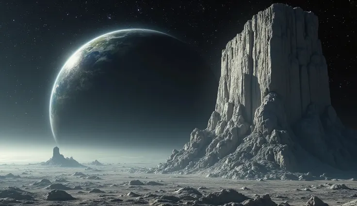 an image where a giant rock without creater, liza, is on the right of the image and on the left a part of planet Earth and in the background the terrifying and dark space, The image that is epic