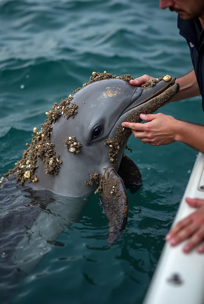 "A dolphin emerges from the ocean, partially covered in barnacles and marine debris, giving it a weathered and surreal appearance. The dolphin has a fresh scar on its smooth gray skin, adding a sense of struggle and survival. A person on a boat gently plac...