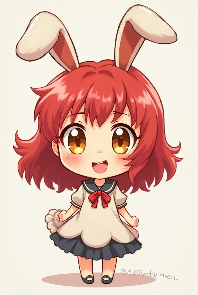 Chibi anime girl with bunny ears and big red hair with yellow eyes