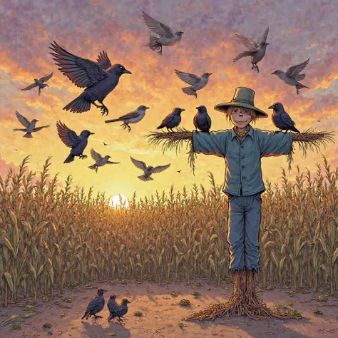 Several birds of varying colors, including sparrows, crows and turtles, They fly towards the scarecrow backwards with a cloth face and branch arms. The birds perch around you. Some peck at grains scattered on the dry ground, while others rest on the arms o...