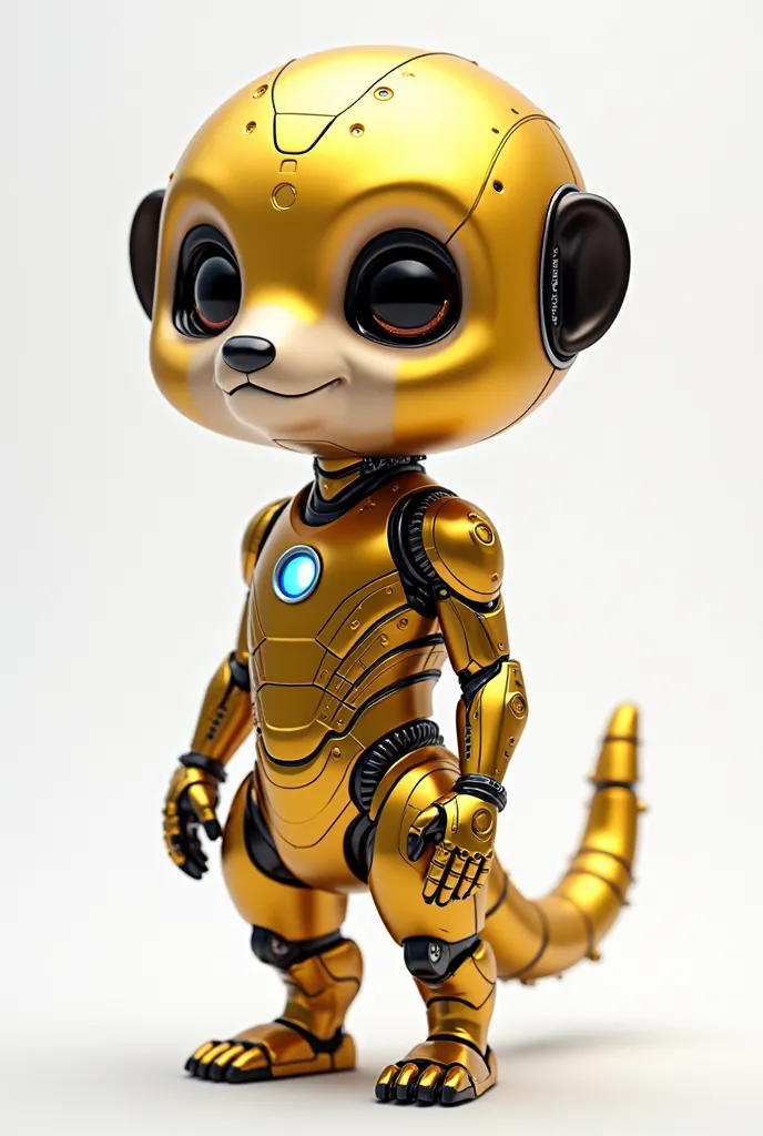 super realistic, chibi, android in the shape of a meerkat, body has a metallic texture, yellowish brown in color, no body hair, Iron Man, 3D. no background.