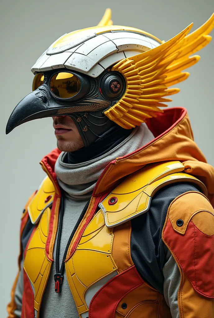 Men's costume using the colors yellow, red and white with a birdbeak mask,  helmet and glasses  