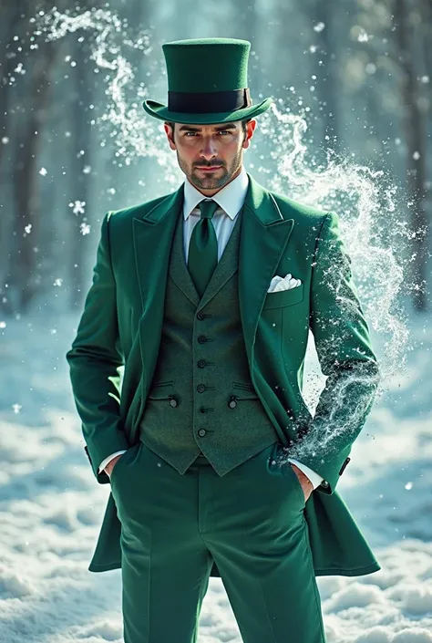 Handsome man dressed in green suit and green tie with green top hat using his ice magic