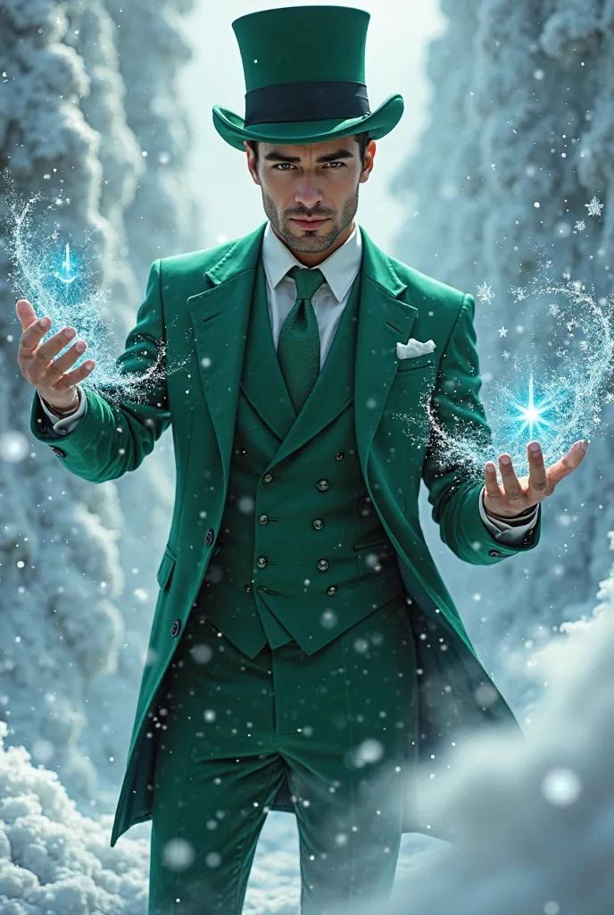 Handsome man dressed in green suit and green tie with green top hat using his ice magic