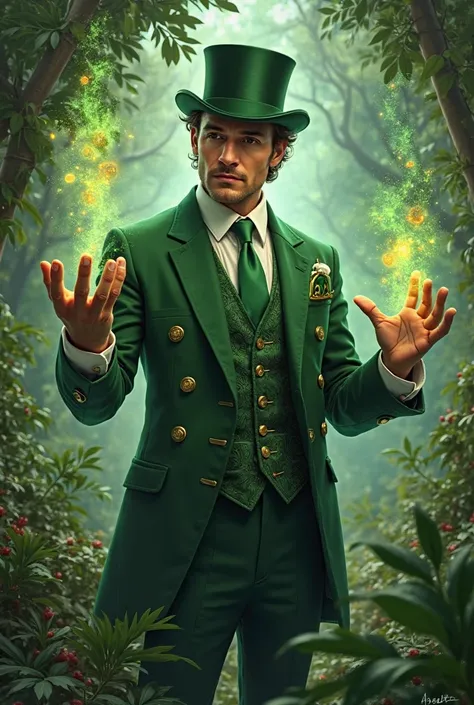 Handsome man dressed in green suit and green tie with green top hat using his earthy magic