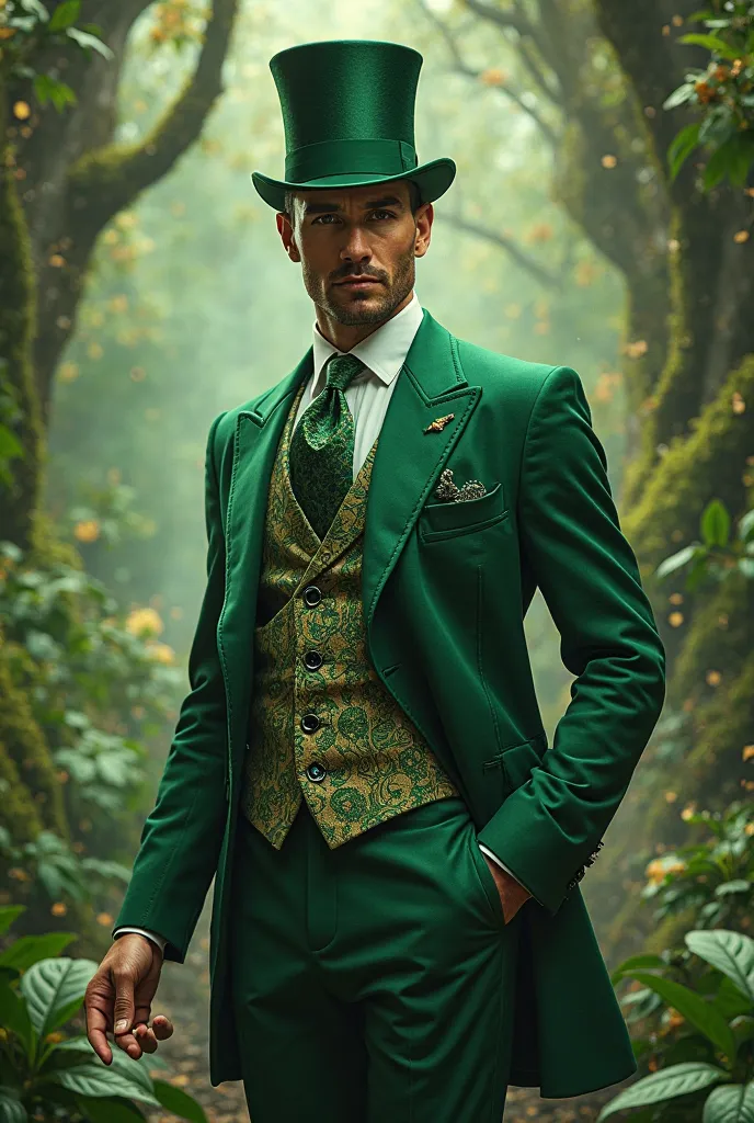 Handsome man dressed in green suit and green tie with green top hat using his earthy magic