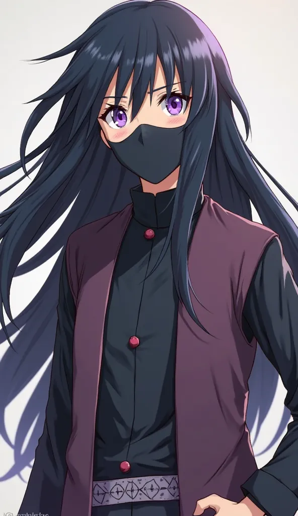 Shikarei Nara, Invented character from the anime Naruto, He has long straight black hair wavy at the ends, electric purple eyes , standard Anbu clothing, age 11, Use mask, a subtle mole under the right eye, full body