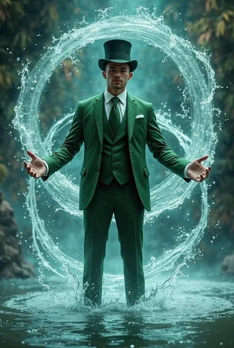 Handsome man dressed in green suit and green tie with green top hat using his water magic