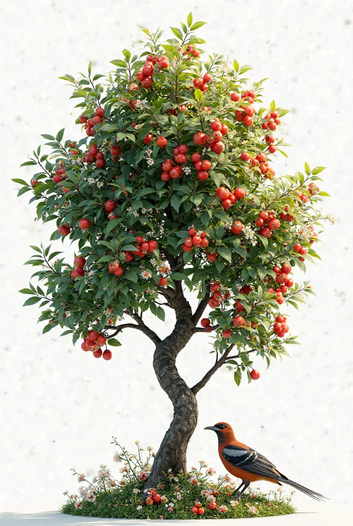 Large tree with red fruits and small flowers and a bird, with white background 