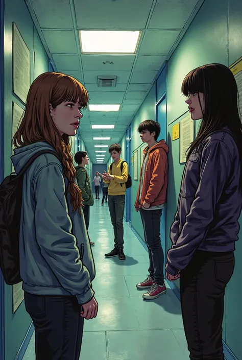 Scene in a school corridor in comic book style. A girl with a worried face listens to a group of students who talk in low voices, hinting at the existence of a drug party. The atmosphere is tense and full of anxiety.