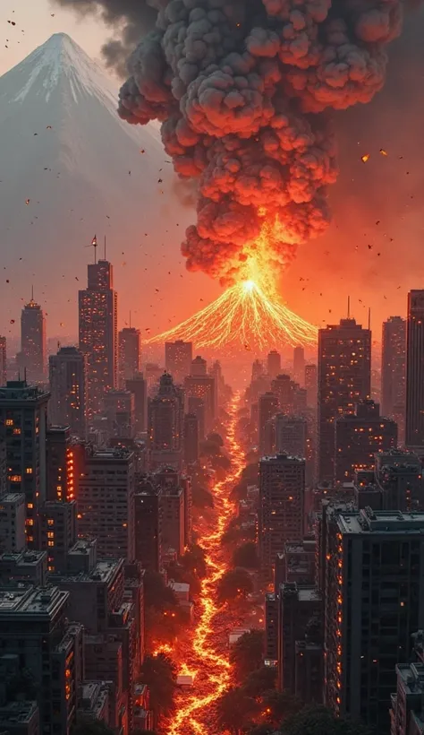 create a realistic image where a city is getting distroyed by volcanic erruptions. volcanic rocks are flying and hitting the buildings knocking them off. some buildings are burning from lava. keep everything on the center and middle of the image.