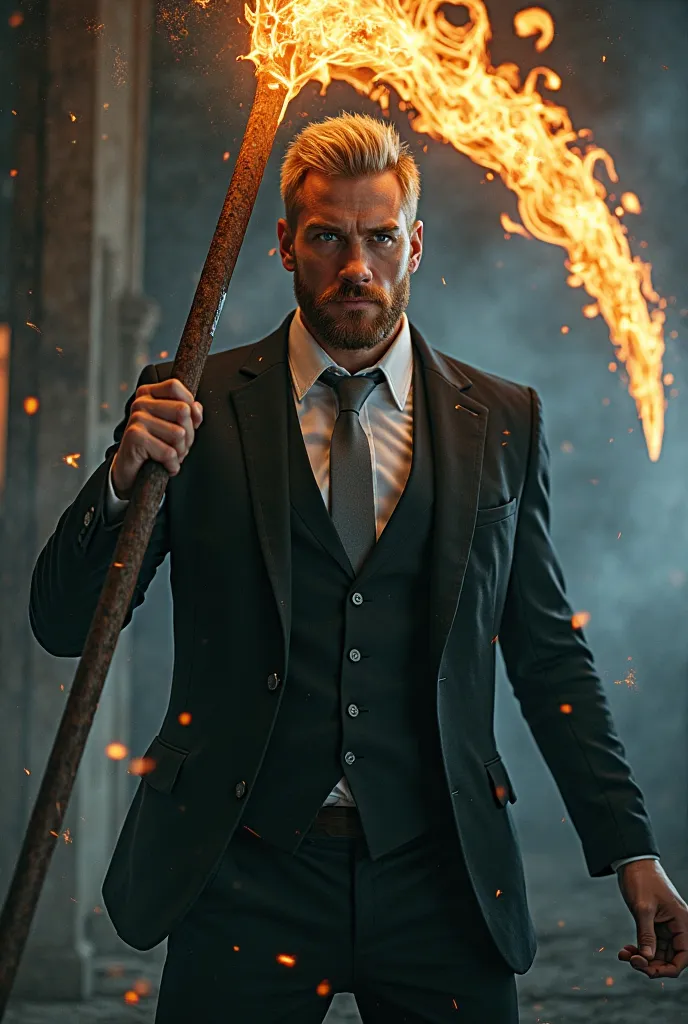  Handsome blond man with short beard dressed in a black suit , white shirt and gray tie wielding a scythe shrouded in fire in combat posture fighting ghosts