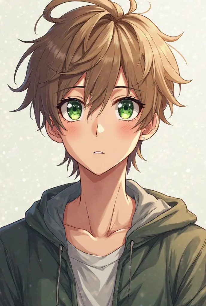 You can create a boy with anime style drawn with a 20-year-old appearance with light brown hair, a little messy and emerald green eyes and white skin and a height of 180 cm and who is ultra handsome and beautiful.. And with an athletic physique and somewha...