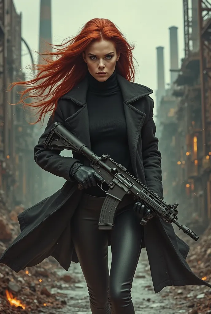 Beautiful long-haired red-haired woman wearing a black coat with a turtleneck sweater underneath and black gloves, is armed with an assault rifle and runs for her life ( dieselpunk )