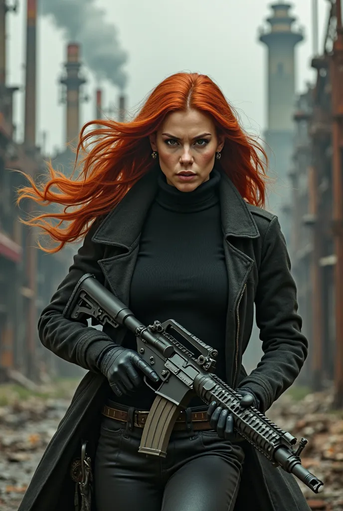 Beautiful long-haired red-haired woman wearing a black coat with a turtleneck sweater underneath and black gloves, is armed with an assault rifle and runs for her life ( dieselpunk )