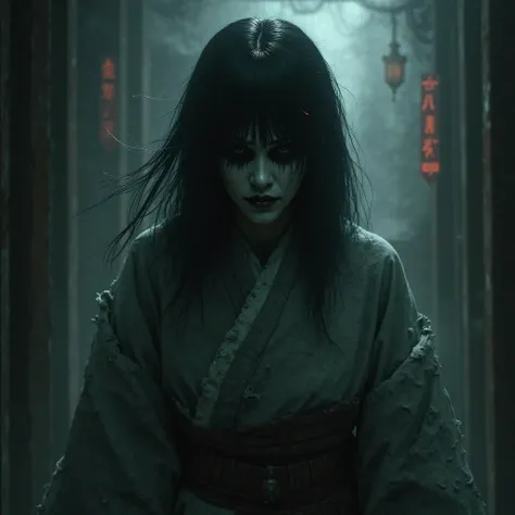 Japanese style horror theme. Terrifying woman