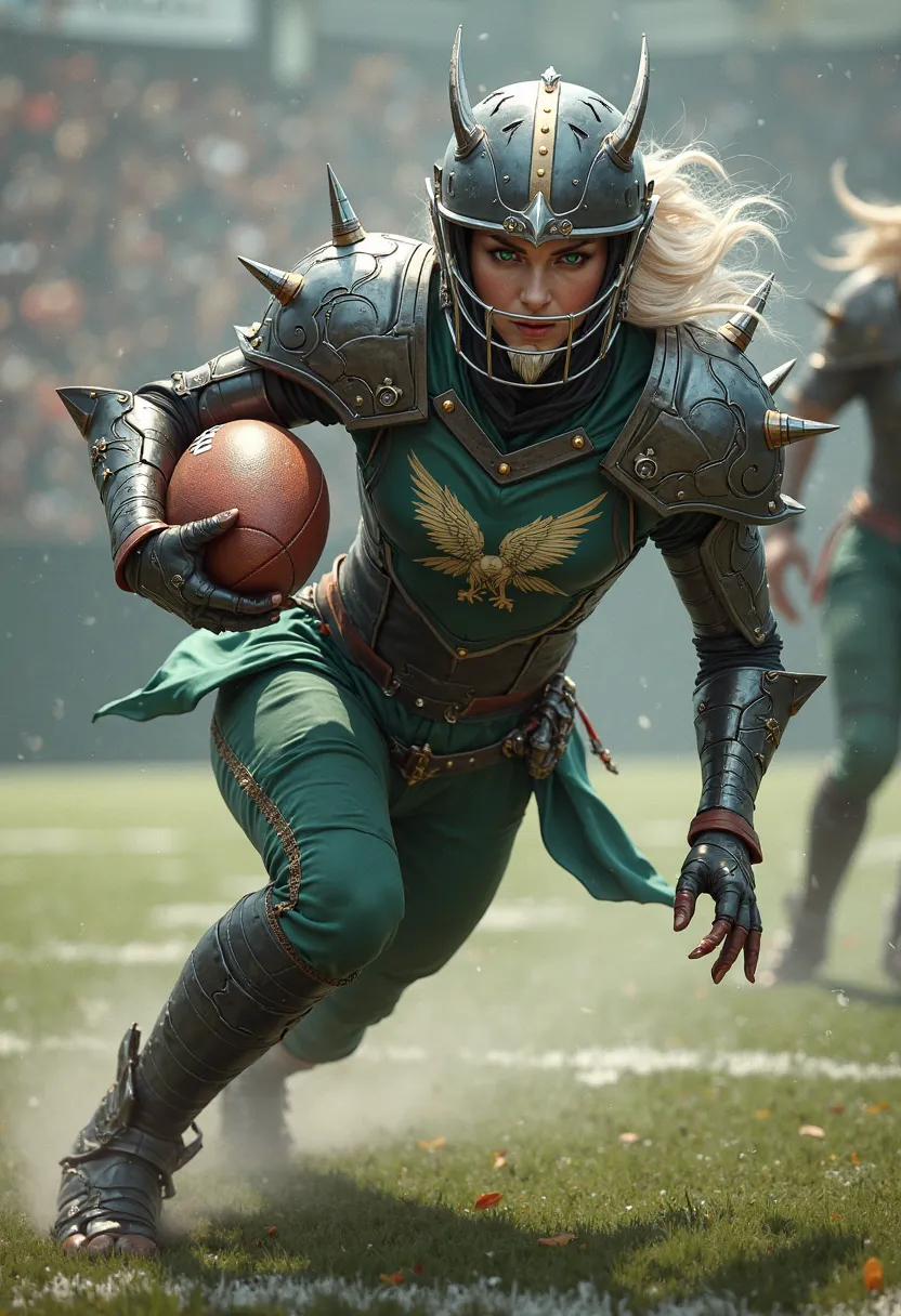 Draw a female elf football player, known as Liora "Silverstorm" Thornblade, in a dynamic and action-packed pose on the football pitch, evading an orc player from the opposing team. The female elf stands at an impressive 6'0" with a lithe, muscular physique...