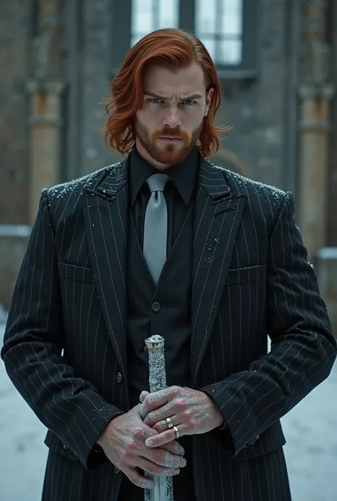  Handsome man with shoulder-length red hair with a short beard   , tall and loud , wearing a two-piece black striped suit with a black shirt and light gray tie , He holds a sword wrapped in ice in an abandoned castle at night