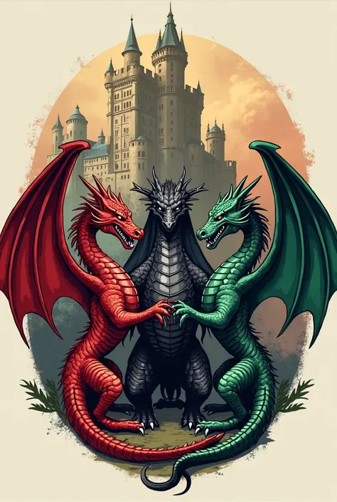 Create a logo of a beer agency, by name  : LA CASA DEL GAMON , medieval  , with three dragons, one dark red , the other black, and the other dark green,  with a castle in the background