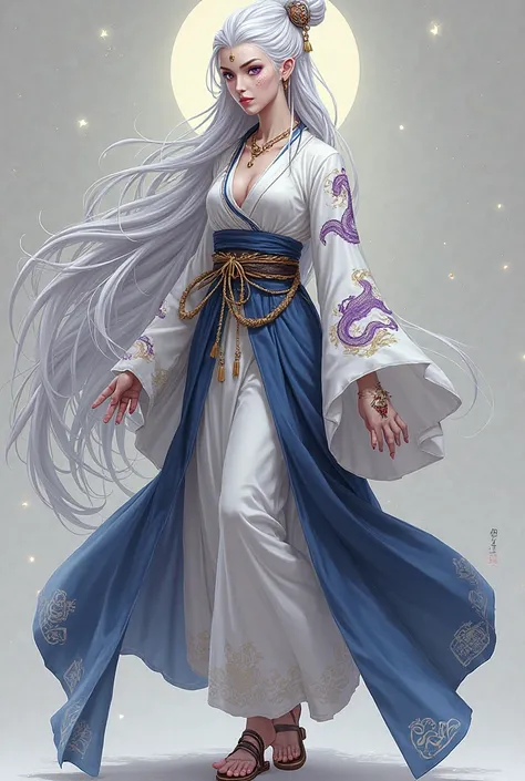 Full body, Asian woman with long to the ground white hair, braid, lots of ancient Asia ornaments. Her eyes are purple, are big, almomd shaped, lots of freckles. she has almost white complextion, clothes are white and navy blue in the style of ancient Asia ...