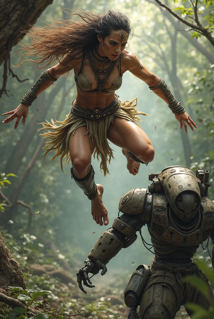 A beautiful warrior woman, brown hair, strong, tan legs, face paint, in a tree, leaping down to strike a battle robot that is on the ground below her, view from above, realistic 