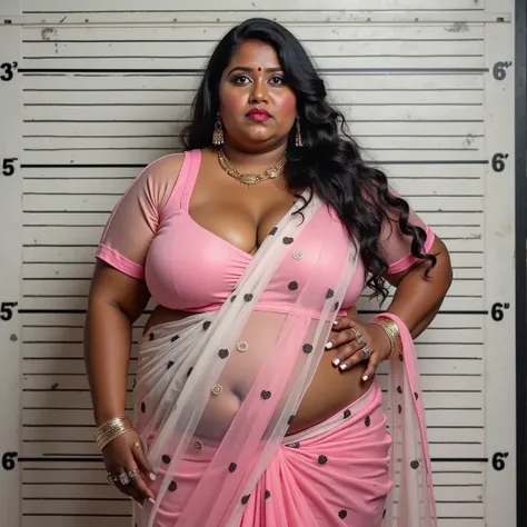 Indian extreme plus size BBW chubby fat busty dark skinned wide breast woman with dusty face with large breast and large extreme fat curvey figure and wide shoulder and long hair and wearing pink deep neck tight fitting blouse with displaying big cleavage ...