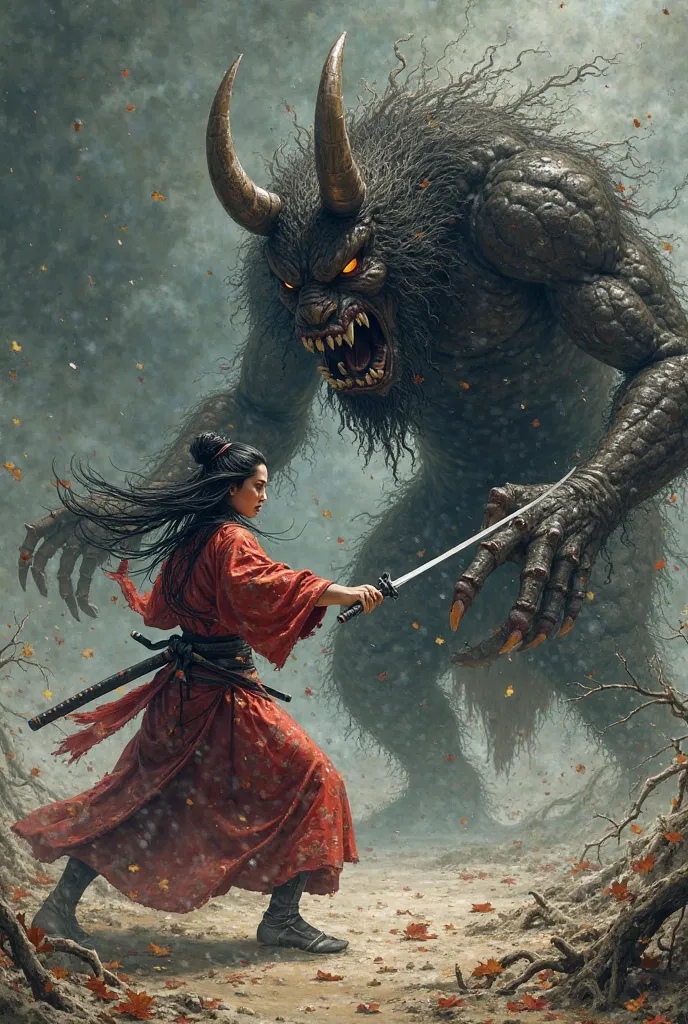 Samurai woman fighting an oni