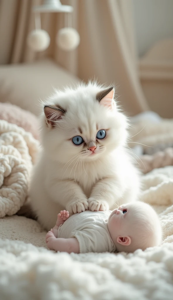 "A realistic image of a fluffy white female cat with bright blue eyes changing the diaper of her baby kitten. The cat is in a calm and cozy environment, using her delicate paws to perform the task with care and precision. The kitten, also white with blue e...