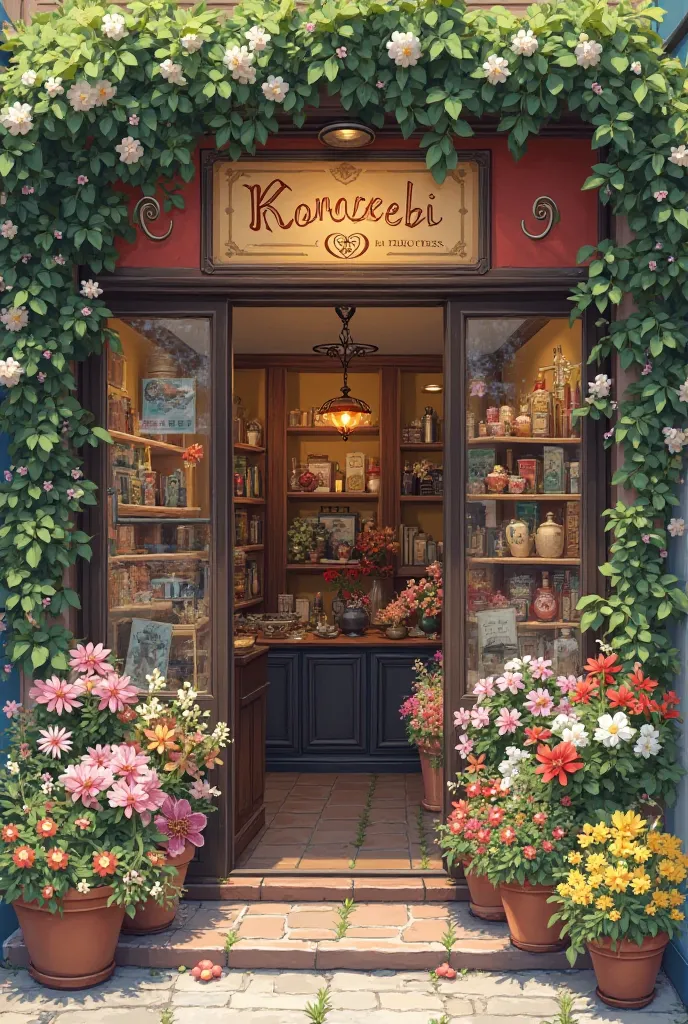 take me pictures of a shop that is a flower and gift (jewelry and decor) shop. a small place, both a shop and a gallery with exhibited photographs. bright, colorful, vintage. its name is Komorebi.