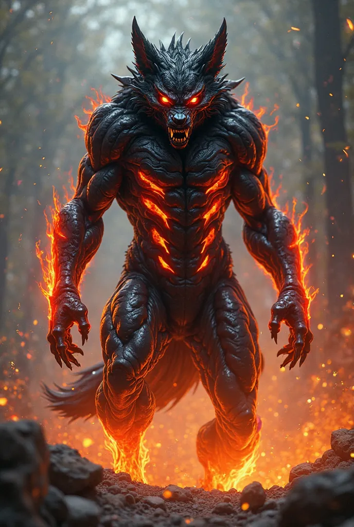 Create a black-haired symbiote werewolf, with flaming fiery stripes on her body,Flaming demonic eyes, biped, large to pointed ears, sinister dog head  