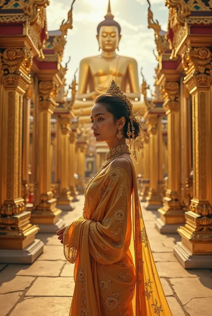 Thai woman wearing a golden Thai dress with Thai pattern jewelry. The background of the golden Thai temple has a large golden Buddha statue.