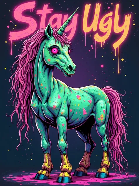 A: A decrepit unicorn with body parts missing, bones showing and fluorescent skin that glows in the dark. The mane appears to be made of neon and the eyes flash like red LEDs, huge, misaligned eyes.,  with vibrant colors (neon pink, lime green, intense pur...