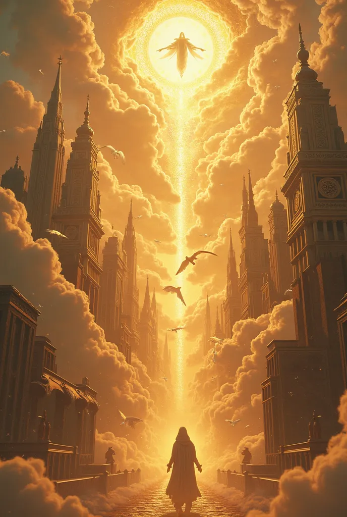 a beautiful detailed city, a new jerusalem descending from heaven, highly detailed architectural structures, glowing golden buildings, intricate religious symbols, angels and celestial beings, dramatic lighting and atmosphere, cinematic composition, photor...